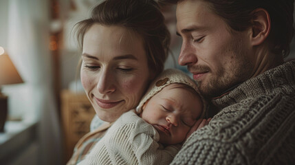 Obraz premium A family of three, a man, a woman and a baby, are holding a sleeping baby