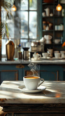 A white coffee cup with steam rising from it sits on a marble countertop. The scene is set in a cozy kitchen with a window that lets in natural light. The atmosphere is warm and inviting