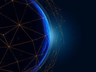 An abstract virtual mesh surrounds a spherical object like a planet in dark space. 3D Rendering