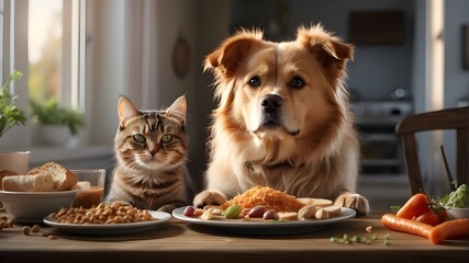  A photorealistic image capturing a hungry dog and cat eagerly looking at food placed on a table. The scene conveys the concept of pet food and the anticipation of mealtime for pets.