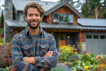 Man standing in front of house with solar panels on roof, renewable energy and sustainable living