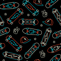 Skateboard seamless pattern. Skateboard background.Vector line art style seamless pattern with illustrations of skateboards, lightning, caps, and hand signs. © cddesign.co