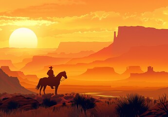 Western landscape with silhouette of a lonely cowboy riding a horse in beautiful midwest scenery...
