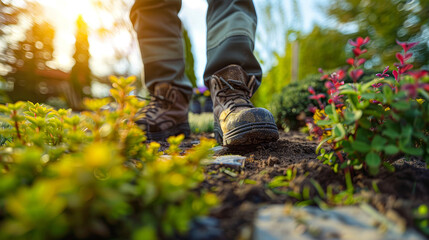 A person is walking through a garden with their boots in the dirt. The boots are dirty and muddy, indicating that the person has been walking through the garden
