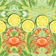 Vector, seamless pattern of green fresh salad, sour lemon and crab gifted by the sea.