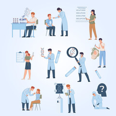 Genetic test people flat set of isolated icons with doodle human characters of scientists with dna vector illustration