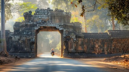 Exploring Angkor Thom in Cambodia: Tuk Tuk Enters through the North Gate. Concept Travel, Cambodia, Angkor Thom, Tuk Tuk, North Gate
