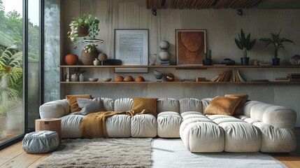 The stylish interior boasts a boucle sofa, an artful mock-up poster, plant-adorned shelves, and curated decorative elements.