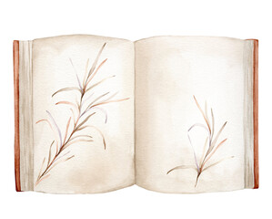 Watercolor illustration book isolated on white background. Open book brown colors. Vintage old textbooks watercolor hand drawn. Blank pages with plants, flower
