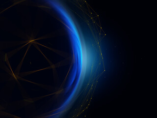 A blurred spherical object moves encased within an abstract virtual mesh. 3D Rendering