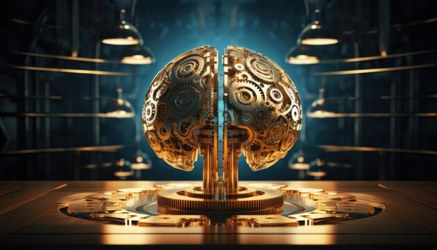 A steampunk brain made of gears and cogs. The brain is on a table with a blue background and there are lights above it.
