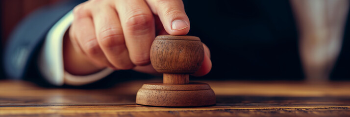 A professional close-up shot focuses on a person's hand firmly pressing a circular wooden stamp onto a surface