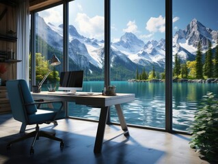 Majestic mountain range reflected in a crystalclear lake, offering a tranquil scene for a peaceful study room