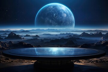 A beautiful landscape of a distant planet with a blue moon and a large glass platform in the foreground.