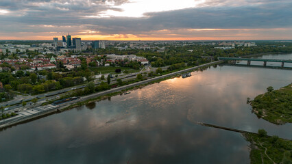 view of Warsaw from above the Vistula river in spring in Poland