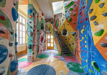 Vertical Adventure: Empty Indoor Climbing Walls with Colored Holds