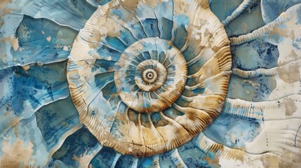A beach towel with a bold seashell spiral design in shades of blue and beige..