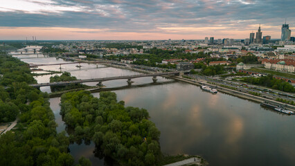 Fototapeta premium view of Warsaw from above the Vistula river in spring in Poland