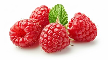 Three raspberries with leaves on a white background