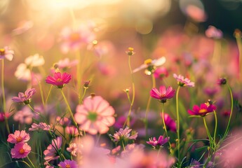 Obraz na płótnie Canvas Morning Glow: Flowers Meadow Field Bathed in Sunlight, Close-Up Macro View