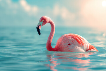 Pink flamingo floats on the sea

