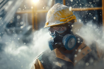 Professional construction worker wearing a dust mask in construction site.