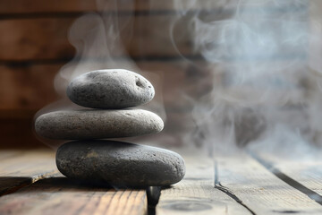Group of stones on wood base, steam Sauna therapy