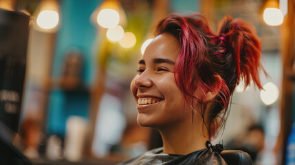 Fototapeta premium A young woman smiles happily after getting her hair dyed and styled at a salon.