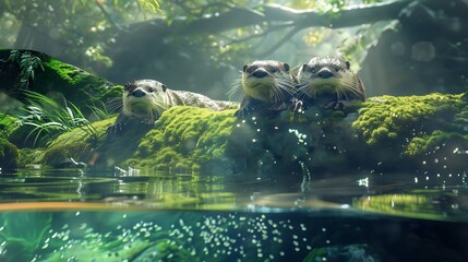 A family of playful river otters sliding down a mossy riverbank into clear, sparkling water. - Powered by Adobe