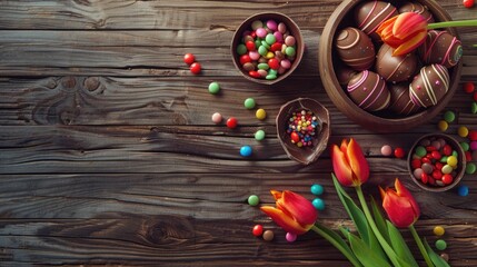 Festive Easter arrangement Overhead view of broken chocolate eggs filled with colorful candies alongside tulips on a wooden table with room for notes - Powered by Adobe