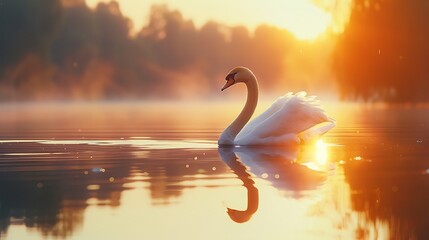 A graceful swan gliding elegantly across a tranquil lake reflecting the colors of a setting sun. - Powered by Adobe