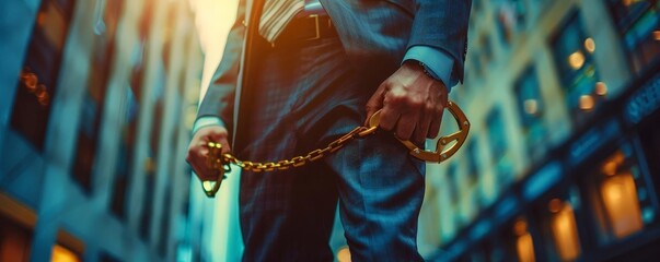 man in a tailored suit with golden handcuffs, amidst the hustle of a financial district, highresolution editorial photography style