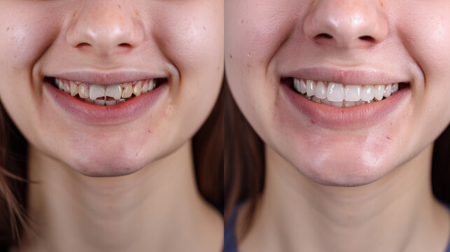 Before and after teeth straightening treatment using braces.