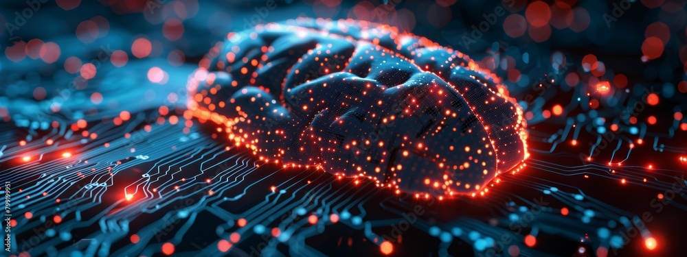 Poster chiplets powering an ai brain - glowing neural network symbolizing intelligence and processing power