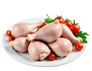 Raw chicken drumsticks and thighs on a white plate, accompanied by cherry tomatoes and green leaves