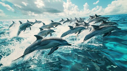 A large pod of dolphins leaping joyfully in perfect synchronization out of crystal-clear ocean waters.