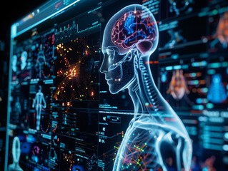 A detailed medical monitor displays advanced human body diagnostics with brain activity and anatomy.