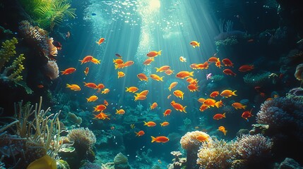 A beautiful school of orange fish swim above a colorful coral reef