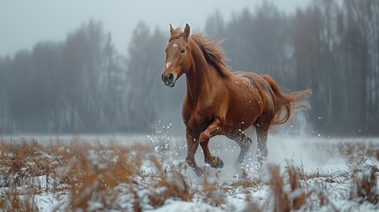 A brown horse is running through a snowy field.