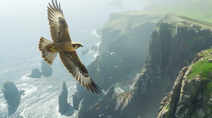 A magnificent falcon soaring high above rugged cliffs along a windswept coastline.