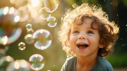 Fototapeta premium Portrait of a little happy child rejoicing with soap bubbles on a sunny meadow. Active children's summer holiday concept