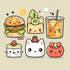 Varios ejemplos de piezas de comida de apariencia adorable y tierna