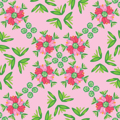 vector, seamless geometric pattern of mandala composition dark pink tulip and green leaves on pink background. Folk style. For summer women dresses, dining, home decor, wrapping paper.