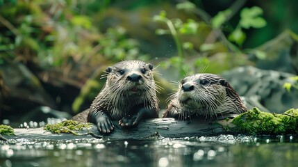 A pair of playful river otters sliding down a mossy riverbank into clear, sparkling water.