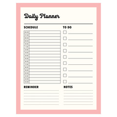 Daily planner page with date, reminder, notes, to-do list, and schedule. Daily notes page. Vector illustration.