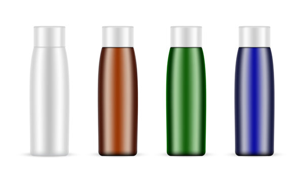 Set Of Cosmetic Bottles, Blank, Amber, Blue, Green, Front View, Isolated On White Background. Vector Illustration
