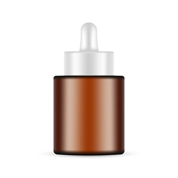 Small Amber Dropper Bottle Mock Up, Front View, Isolated On White Background. Vector Illustration