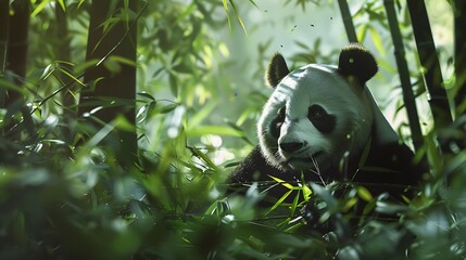 A rare sighting of a giant panda peacefully munching on bamboo shoots in a secluded forest clearing.