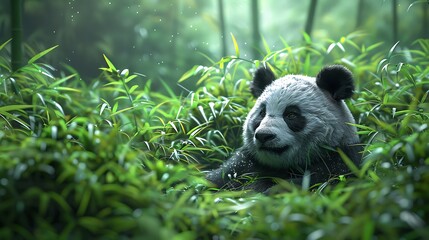 A rare sighting of a giant panda peacefully munching on bamboo shoots in a secluded forest clearing.