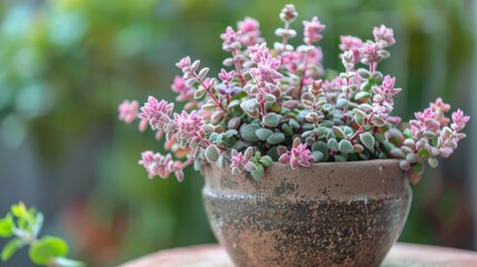 Pink flowers in small pot on table